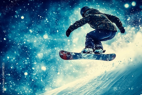 Snowboarder performs a jump in a snowy landscape during winter evening