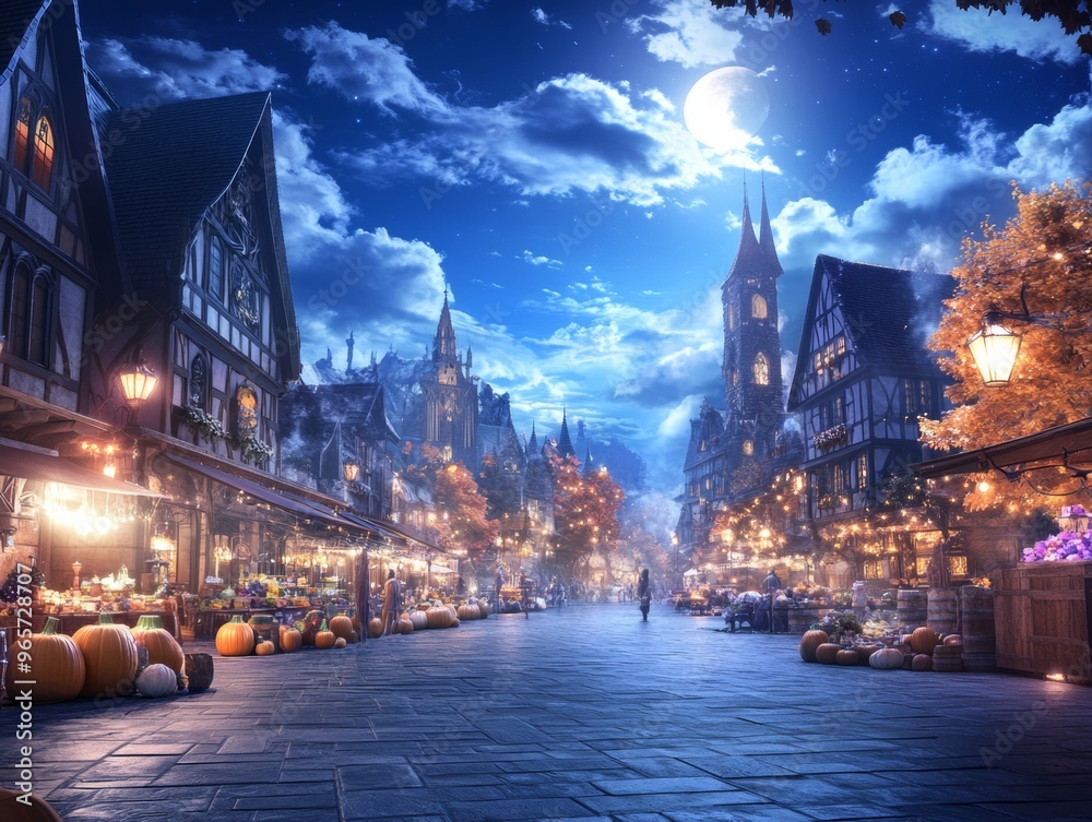 Fototapeta premium A bustling Halloween market in a medieval town square stalls lined with eerie trinkets