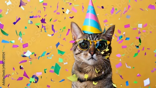 A cat in a birthday hat on a yellow background and a copy space photo