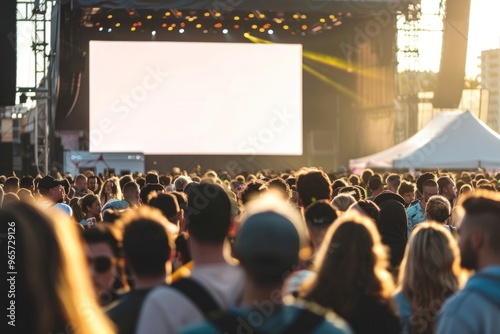 Wallpaper Mural Crowded people walking entrance construction with close up blank white sign front of tent roof concert architecture accessories. Torontodigital.ca