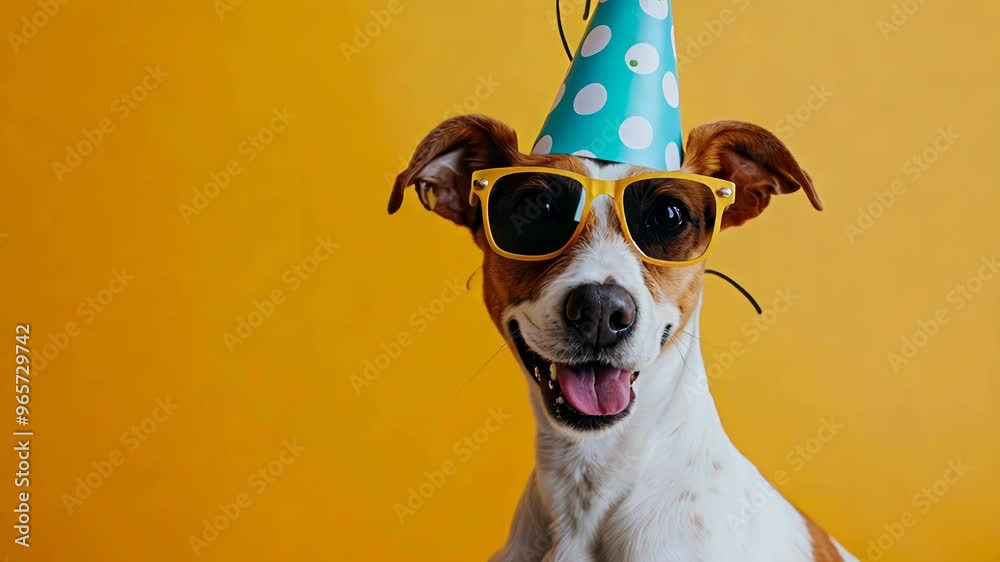 A dog in a birthday hat on a yellow background and a copy space A dog in a birthday hat on a yellow background and a copy space