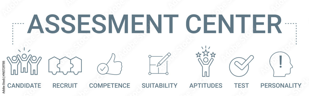 Assessment Center concept banner icon contain of candidate, recruit, competence, suitability, aptitudes, test, and personality vector illustration Assessment Center concept banner icon contain of candidate, recruit, competence, suitability, aptitudes, test, and personality vector illustration