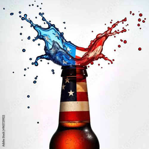 American beer bottle exploding with red white and blue splash
