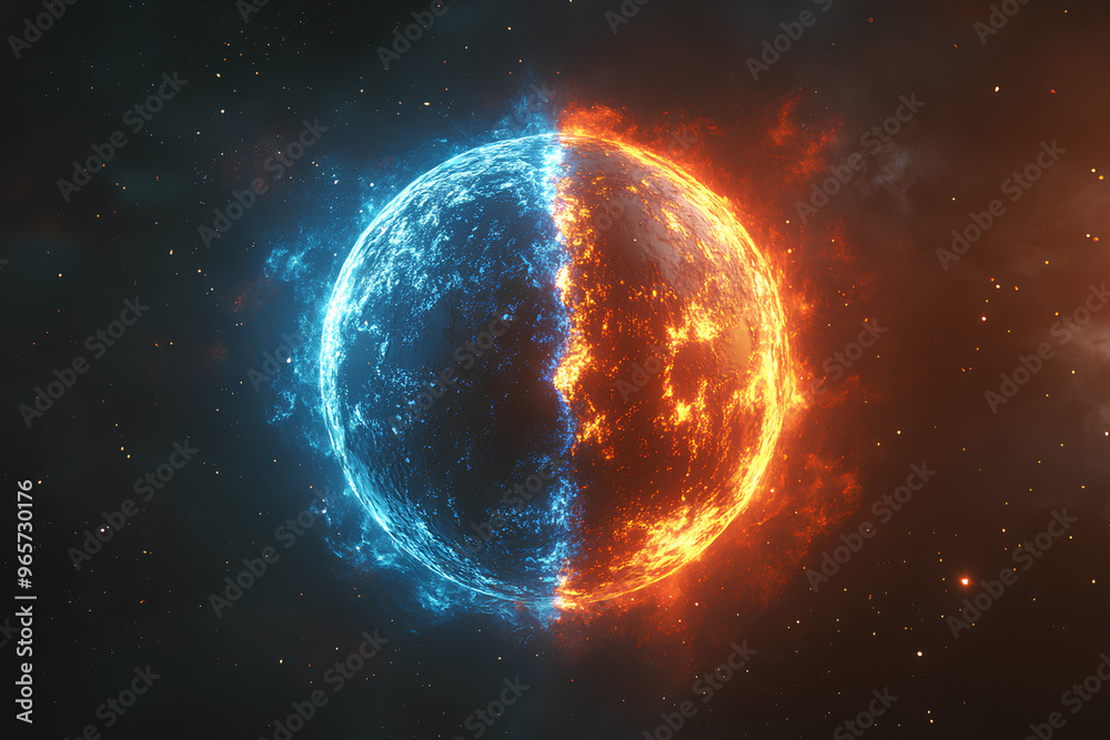A stylized depiction of a planet split between icy blue and fiery orange halves. A stylized depiction of a planet split between icy blue and fiery orange halves.