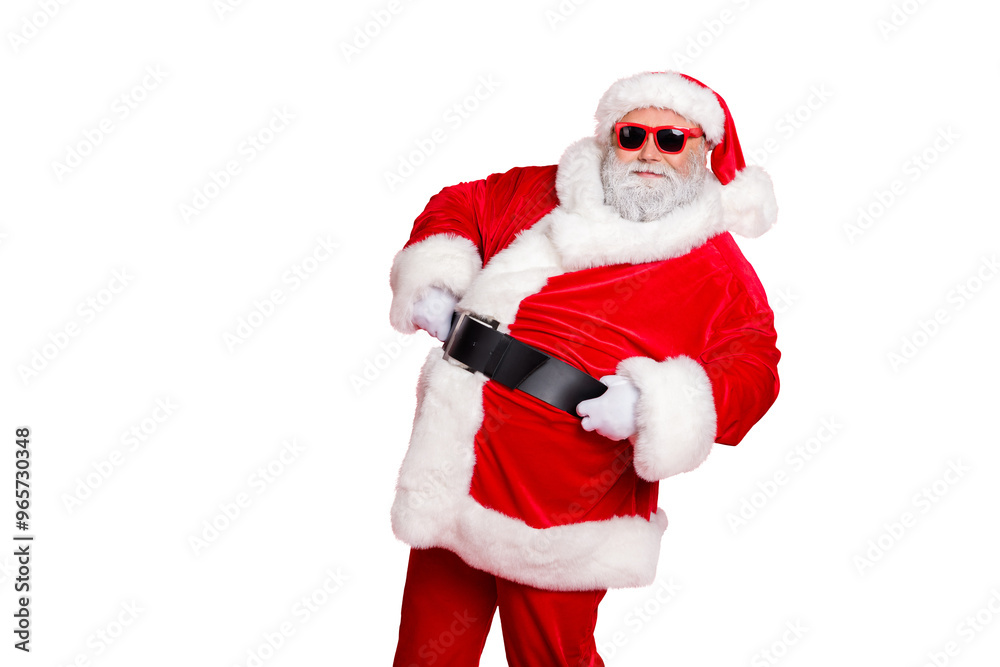 Portrait of his he nice attractive cheerful cheery content bearded Santa showing eve noel festive festal mood holding belt isolated over bright vivid shine red background Portrait of his he nice attractive cheerful cheery content bearded Santa showing eve noel festive festal mood holding belt isolated over bright vivid shine red background