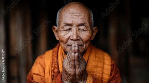 A tranquil elderly monk in traditional orange robes presses his hands together in a prayerful gesture, conveying peaceful contemplation and spiritual reflection. photo