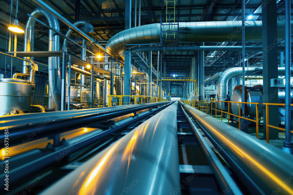 Shiny industrial pipes system winding through a futuristic factory with unrecognizable workers in the background
