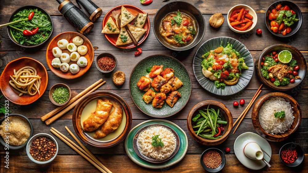 A top-down view of a table setting with various Chinese dishes. A top-down view of a table setting with various Chinese dishes.