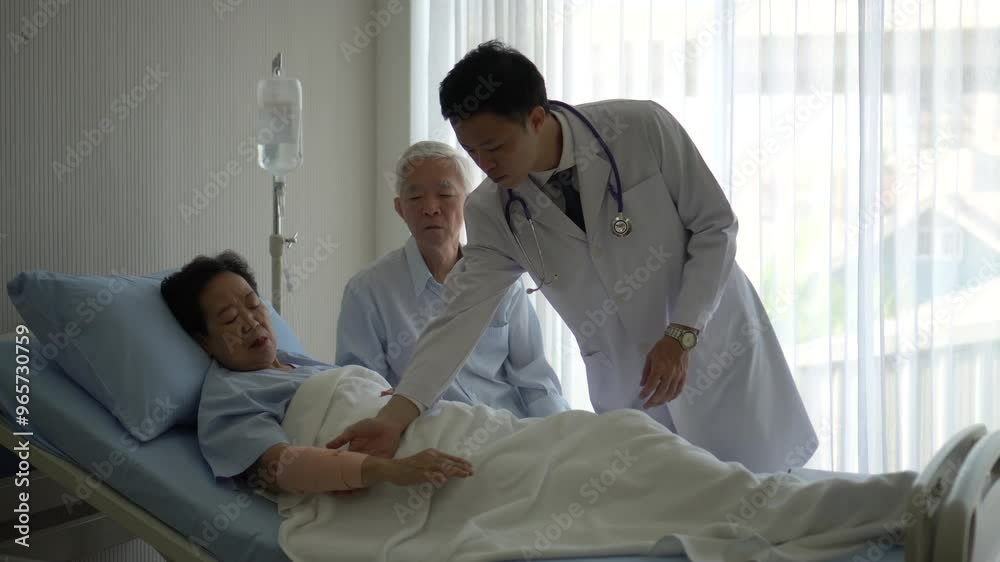Asian doctor check up on injure old elderly woman wife in hospital bed husband worry about physical 4k Asian doctor check up on injure old elderly woman wife in hospital bed husband worry about physical 4k
