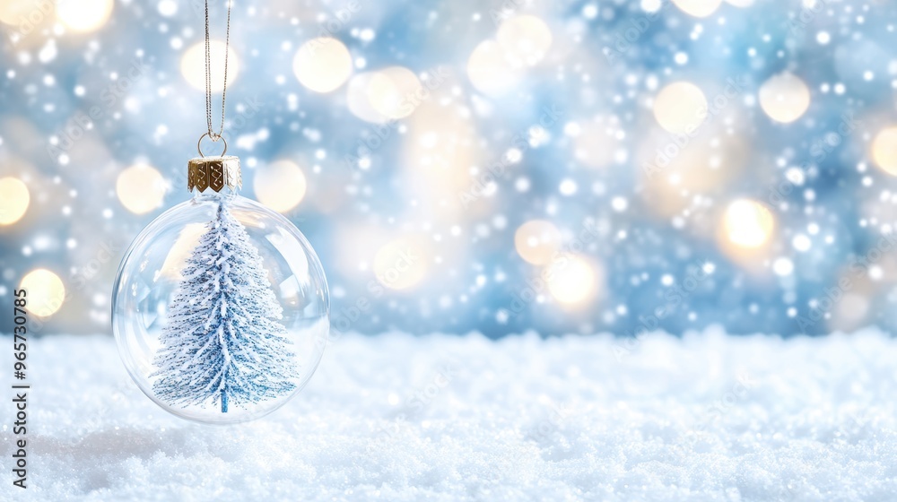 Elegant glass ornament featuring a snow-covered tree inside, hanging against a soft bokeh background. Peaceful winter holiday decor concept. Elegant glass ornament featuring a snow-covered tree inside, hanging against a soft bokeh background. Peaceful winter holiday decor concept.