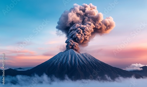 majestic volcano eruption with dramatic smoke plume and stunning sunset sky in indonesia. photo