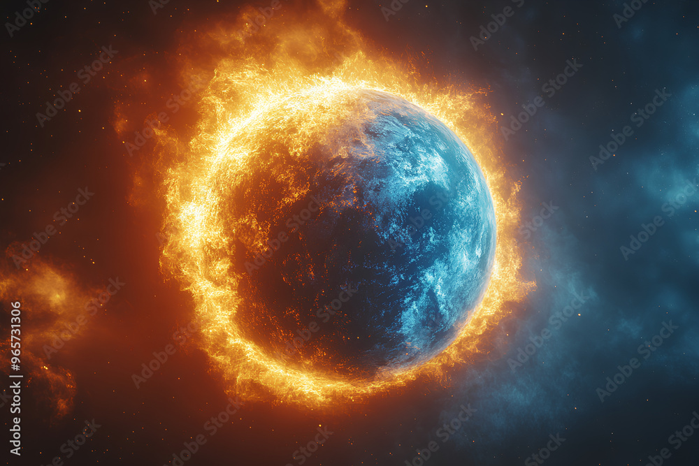 A fiery planet surrounded by flames, representing cosmic phenomena. A fiery planet surrounded by flames, representing cosmic phenomena.