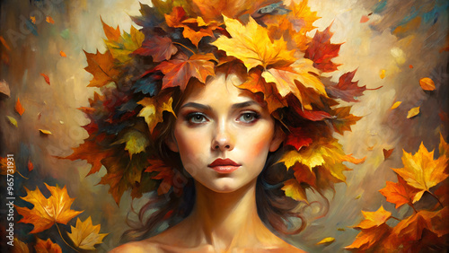 Conceptual abstract portrait of a young woman with autumn leaves in her hair, oil painting, girl autumn