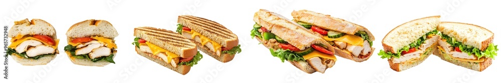 The image shows a sandwich with ham, cheese, and whole grain bread isolated against a white background The image shows a sandwich with ham, cheese, and whole grain bread isolated against a white background