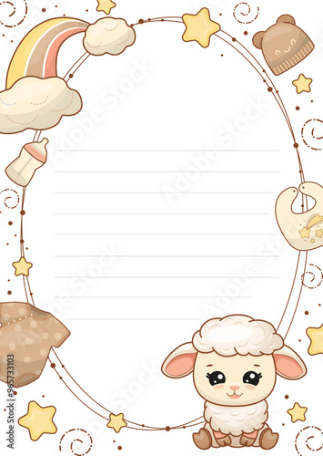 Newborn baby metrics with sheep and rainbow. Height, weight, date of birth, name. Perfect for children s bedroom, children s room decoration, posters