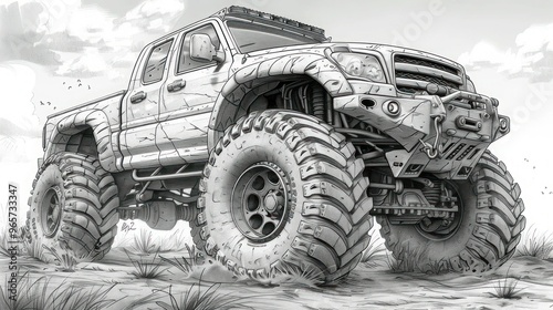 Rhino Cartoon Riding Monster Truck: Hand-Drawn Coloring Book Illustration photo