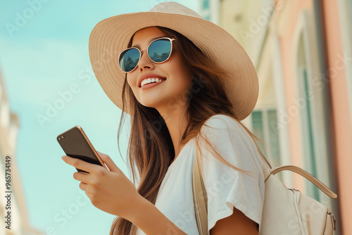 Joyful fashionable young woman wearing big sun hat and sunglasses walking street down and using her smart phone.