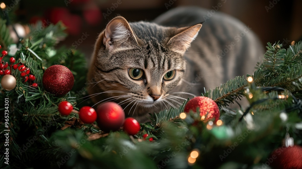 A curious cat exploring a festive arrangement of Christmas decorations. A curious cat exploring a festive arrangement of Christmas decorations.
