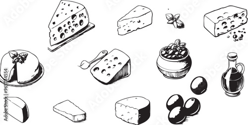 Hand drawn cheese set banner template. Sketch style, white and light blue colors, vector illustration of different types of cheese with olives and basil. Dairy products vector illustration. 