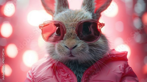 Whimsical Rabbit in Pink Jacket Dancing with Joy, Wearing Sunglasses - Illustration