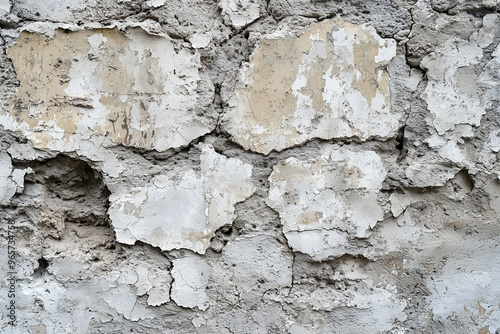 weathered wall with peeling paint, old concrete, revealing the underlying brickwork.