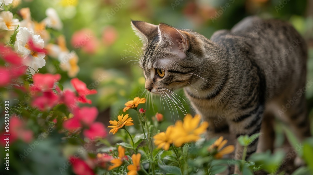 Naklejka premium A curious cat exploring a vibrant garden filled with colorful flowers.