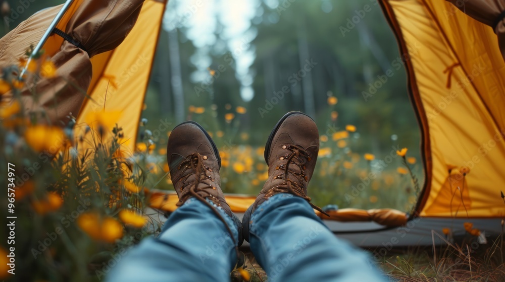 Enjoying nature from the comfort of a tent surrounded by wildflowers on a sunny day Enjoying nature from the comfort of a tent surrounded by wildflowers on a sunny day