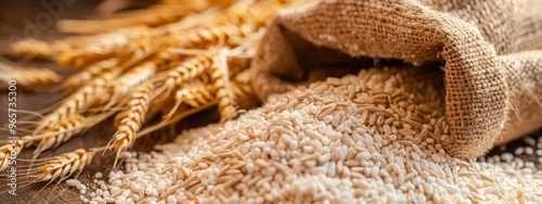 Close-up of grains and wheat in a burlap sack photo