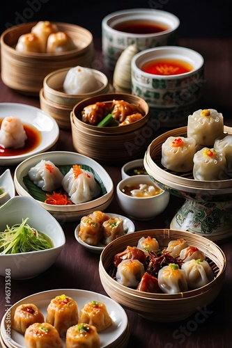 Delicious traditional Chinese dim sum in a bamboo steamer with garnish photo