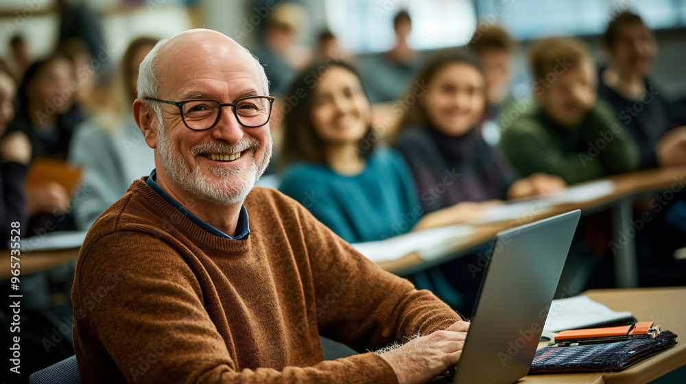 Elderly man happily using a laptop during a lecture or presentation in a university or college lecture hall Elderly man happily using a laptop during a lecture or presentation in a university or college lecture hall