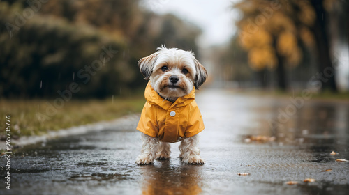 Small dog in yellow raincoat standing on wet street in autumn