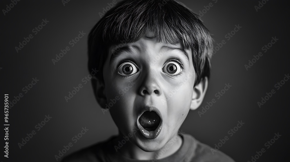 A black and white photo of a young boy with his mouth open wide in surprise or shock. His eyes are wide open and his expression is one of amazement or fear. A black and white photo of a young boy with his mouth open wide in surprise or shock. His eyes are wide open and his expression is one of amazement or fear.