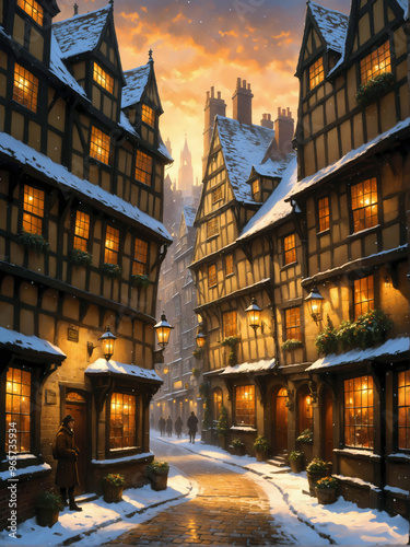 winter scene with old-Fashioned English street with inns, and shops covered in snow and people walking down the lamp lit road in the evening