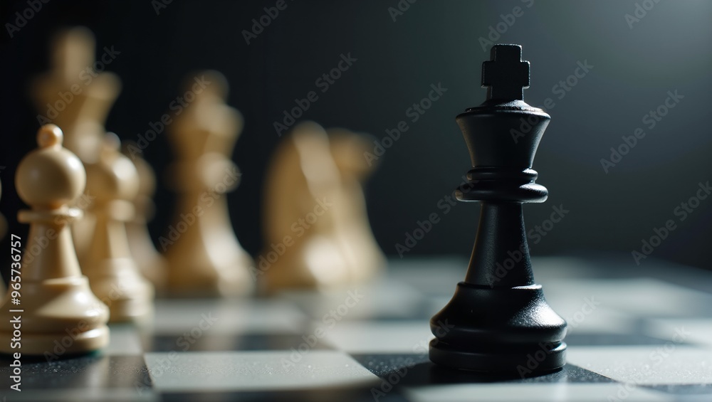 Black knight chess piece in sharp focus on board surrounding squares blurred High resolution Black knight chess piece in sharp focus on board surrounding squares blurred High resolution