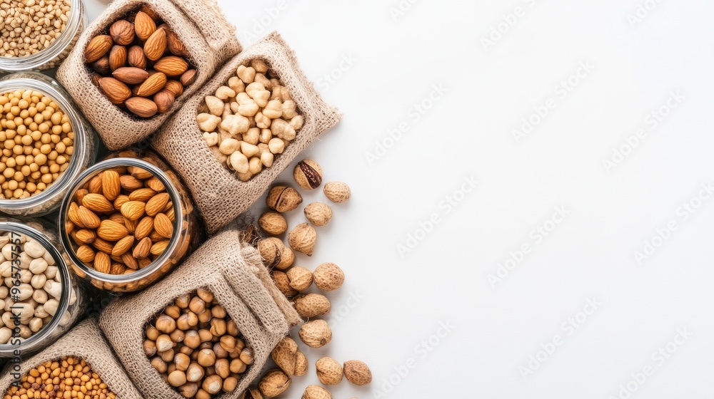 A collection of eco-friendly glass jars and fabric bags displays an assortment of nuts, rice, and dried fruits, highlighting the zero-waste concept against a white background.