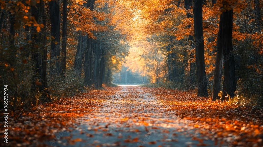 A tranquil autumn path, lined with fallen leaves, inviting a peaceful walk. A tranquil autumn path, lined with fallen leaves, inviting a peaceful walk.