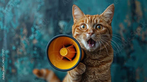 Red Cat Screaming into Yellow Loudspeaker for Creative Advertising and Increased Traffic on Blue Background