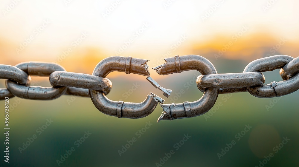 broken chain link symbol of weakness vulnerability and failure with sunset background broken chain link symbol of weakness vulnerability and failure with sunset background