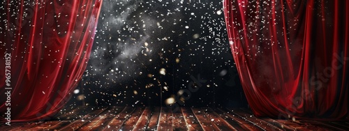 Red theater curtains with confetti on stage photo