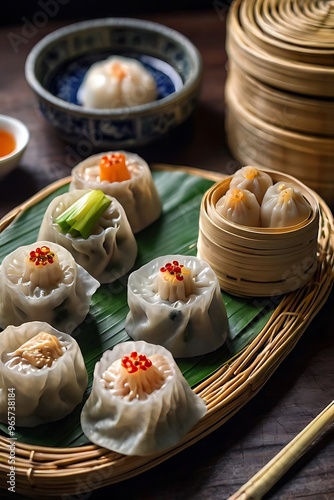 Delicious traditional Chinese dim sum in a bamboo steamer with garnish photo