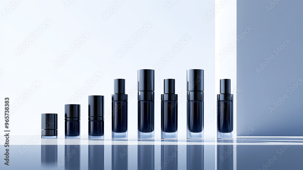 row of minimalist cosmetic bottles, placed symmetrically on a glossy surface, with gentle reflections creating an elegant row of minimalist cosmetic bottles, placed symmetrically on a glossy surface, with gentle reflections creating an elegant