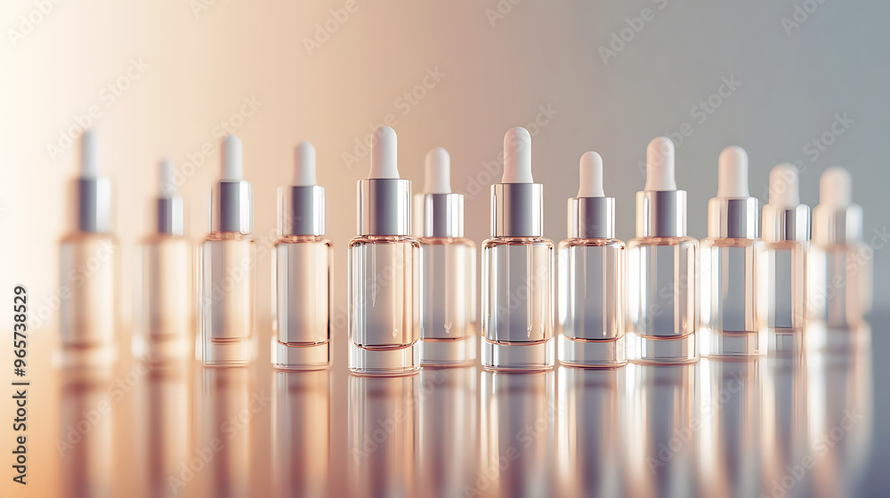 row of minimalist cosmetic bottles, placed symmetrically on a glossy surface, with gentle reflections creating an elegant