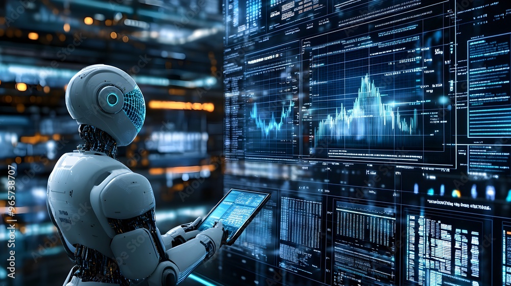 A holographic trading floor where robots analyze real-time stock data, with transparent screens displaying dynamic financial charts in a futuristic setting A holographic trading floor where robots analyze real-time stock data, with transparent screens displaying dynamic financial charts in a futuristic setting