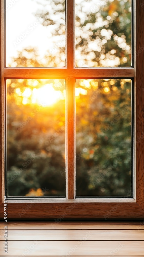 Fototapeta premium warm sunset light through window pane with wooden sill and blurred greenery landscape.