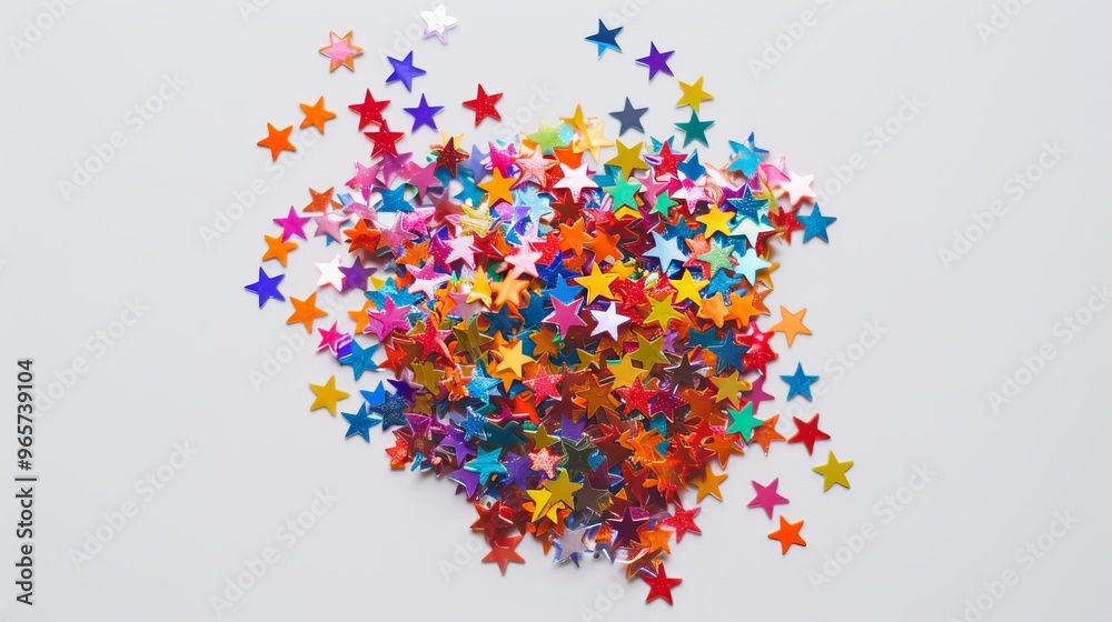 Colored star confetti fall from the sky on a white background. Multicolored starry confetti holiday, birthday Colored star confetti fall from the sky on a white background. Multicolored starry confetti holiday, birthday