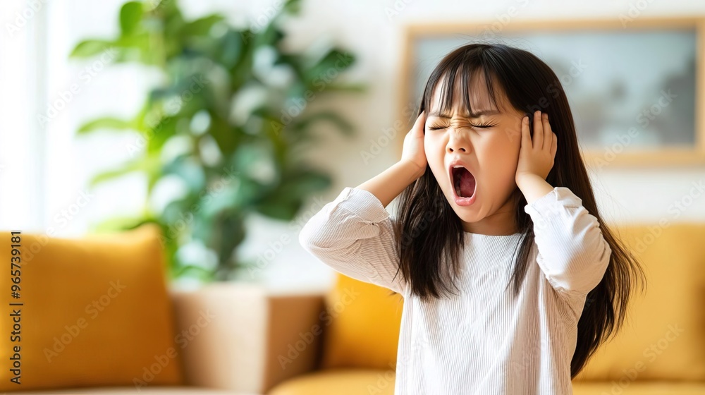 Young girl screaming and covering her ears in frustration. Young girl screaming and covering her ears in frustration.