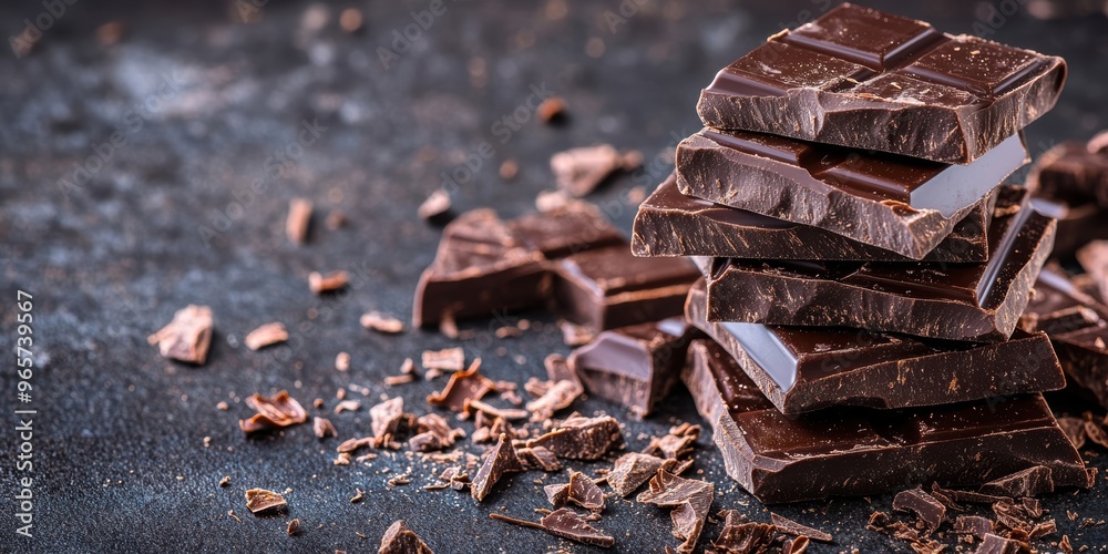 A stack of dark chocolate bars with broken pieces scattered on a rustic background, showcasing the texture and rich flavor. Chocolate indulgence concept. A stack of dark chocolate bars with broken pieces scattered on a rustic background, showcasing the texture and rich flavor. Chocolate indulgence concept.