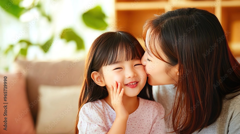 A young Asian girl whispering into her mother's in the living room at home, with a happy and smiling facial expression, representing the concept of an Asian family A young Asian girl whispering into her mother's in the living room at home, with a happy and smiling facial expression, representing the concept of an Asian family
