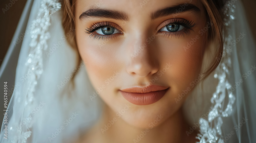 Bride with delicate veil and striking blue eyes stares into the camera. Her soft makeup and natural beauty are highlighted in a close-up portrait.