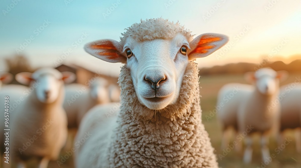 Fototapeta premium Close-up of a sheep with a flock of sheep in the background.